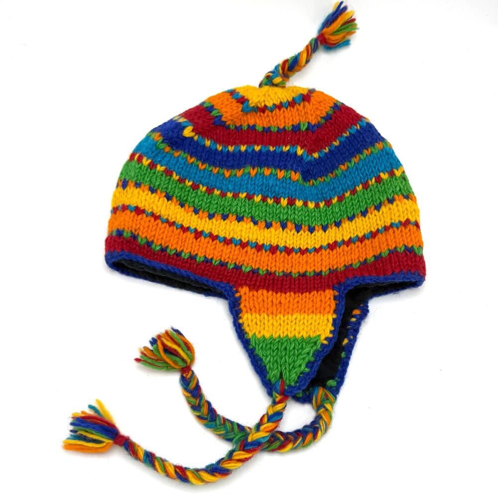 Rainbow Striped Wool Sherpa Hat Earflap Beanie Stocking Cap Toque Toboggan Nepal